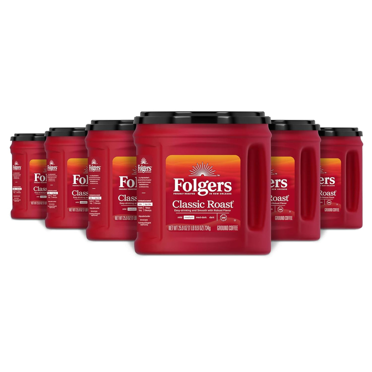 Folgers Classic Roast Ground Coffee, Medium Roast, 25.9 Oz. Canister (Pack of 6)