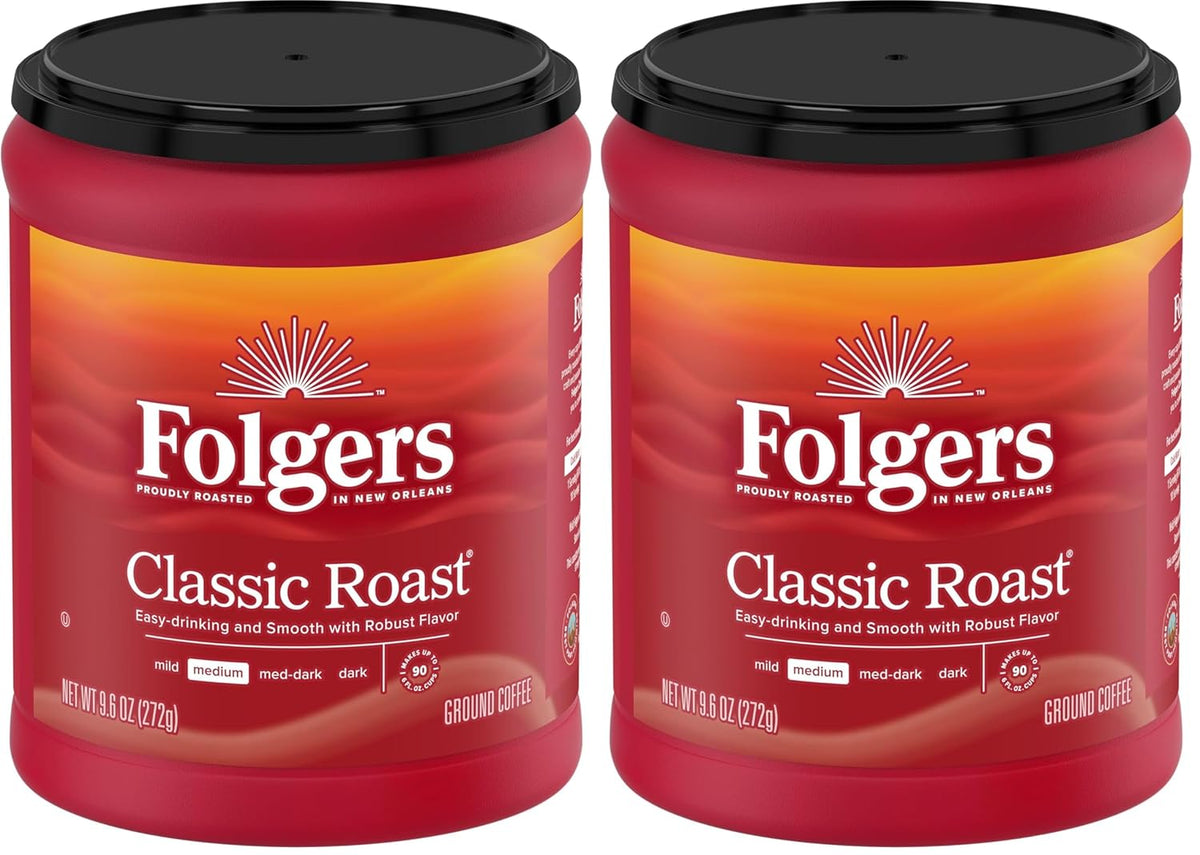 Folgers Classic Roast Medium Roast Ground Coffee, 9.6 Ounce (Pack of 2)